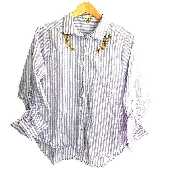 PASSAPORT- WOMENS BLUE/WHITE STRIPE FRONT EMBROIDER LONG SLEEVE 100% COTTON SZ L - Picture 1 of 7